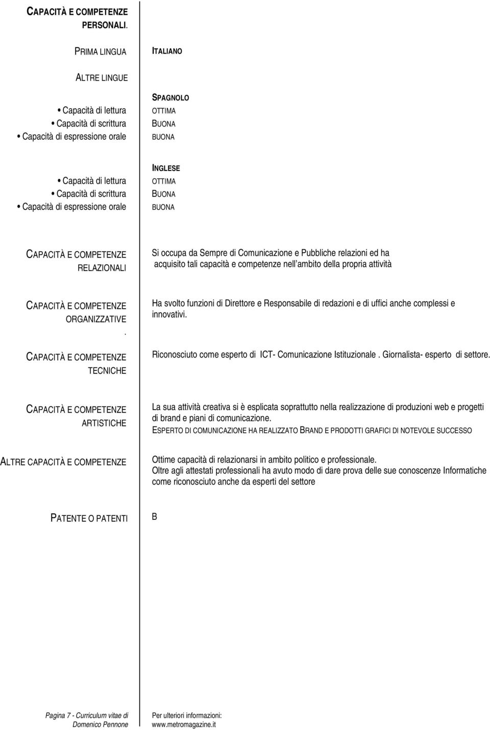 espressione orale INGLESE OTTIMA BUONA BUONA CAPACITÀ E COMPETENZE RELAZIONALI Si occupa da Sempre di Comunicazione e Pubbliche relazioni ed ha acquisito tali capacità e competenze nell ambito della