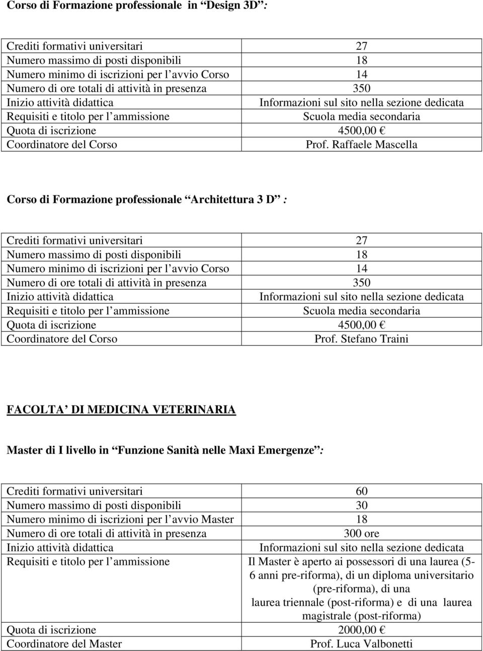 Raffaele Mascella Corso di Formazione professionale Architettura 3 D : Crediti formativi universitari 27 18 Numero minimo di iscrizioni per l avvio Corso 14 Numero di ore totali di attività in