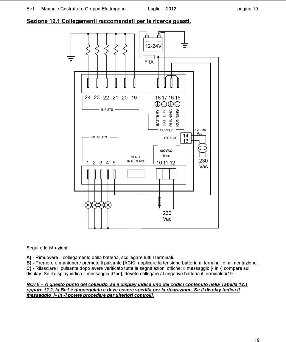 10 11 12 230 Vac 230 Vac Seguire le istruzioni: A) - Rimuovere il collegamento dalla batteria, scollegare tutti I terminali.