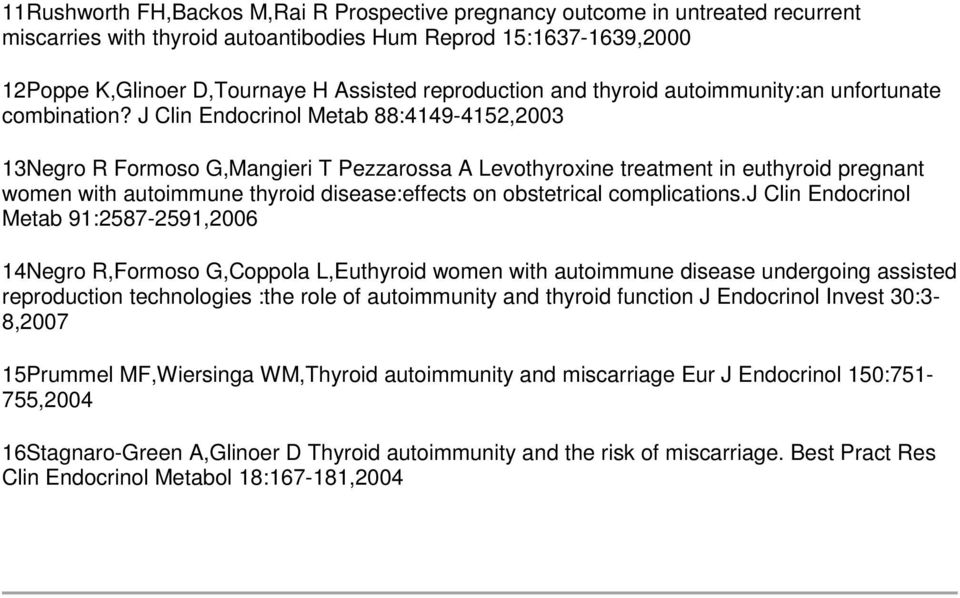 J Clin Endocrinol Metab 88:4149-4152,2003 13Negro R Formoso G,Mangieri T Pezzarossa A Levothyroxine treatment in euthyroid pregnant women with autoimmune thyroid disease:effects on obstetrical