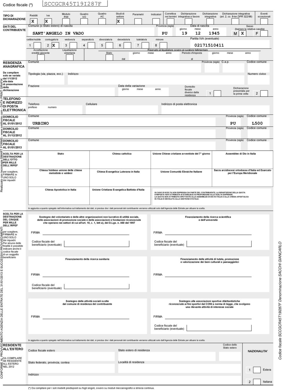 tutelato/a minore Accettazione eredità giacente Indicatori Dichiarazione integrativa Partita IVA (eventuale) X 00 Liquidazione volontaria Stato Riservato al liquidatore ovvero al curatore