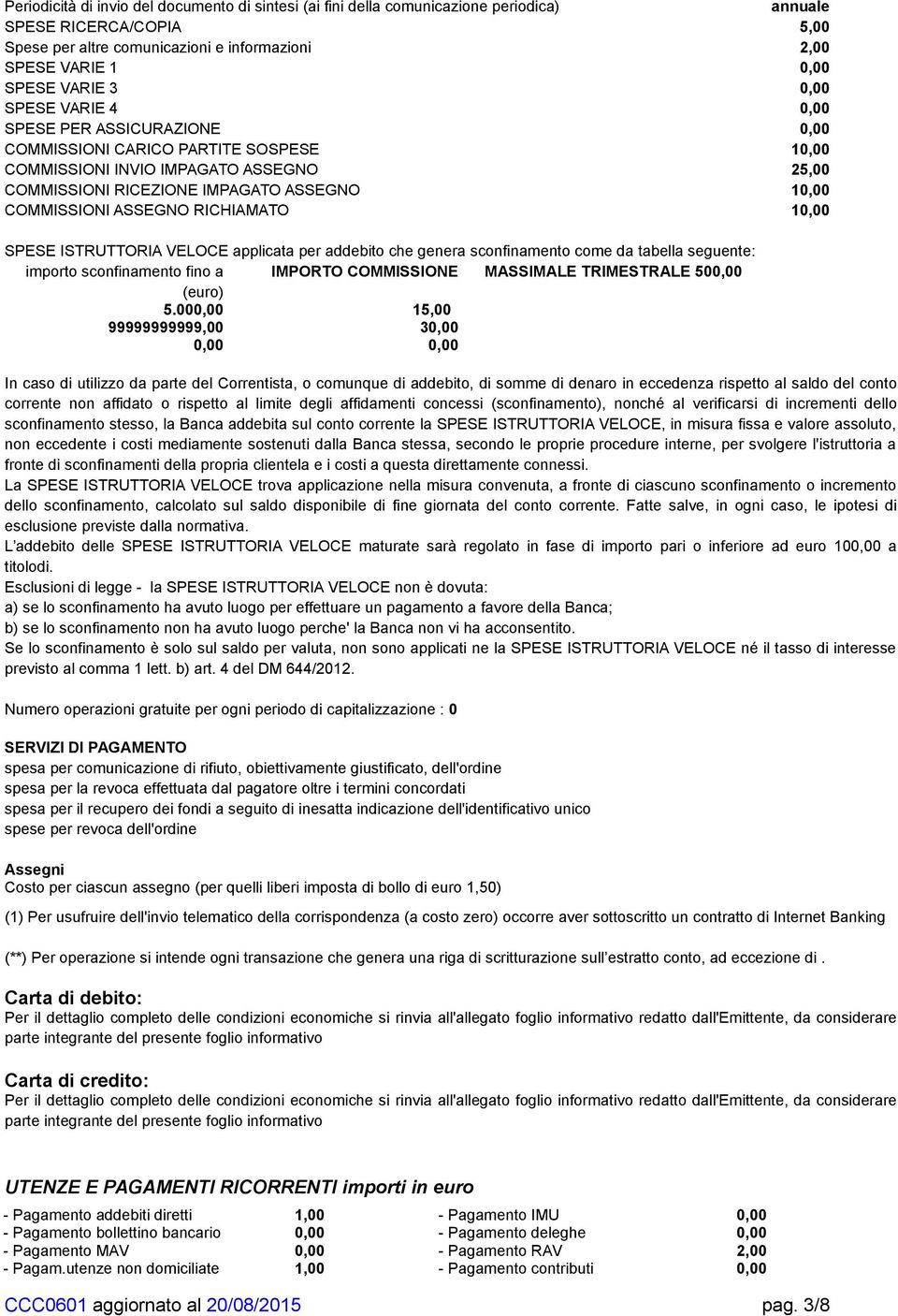 ASSEGNO RICHIAMATO 10,00 SPESE ISTRUTTORIA VELOCE applicata per addebito che genera sconfinamento come da tabella seguente: importo sconfinamento fino a IMPORTO COMMISSIONE MASSIMALE TRIMESTRALE