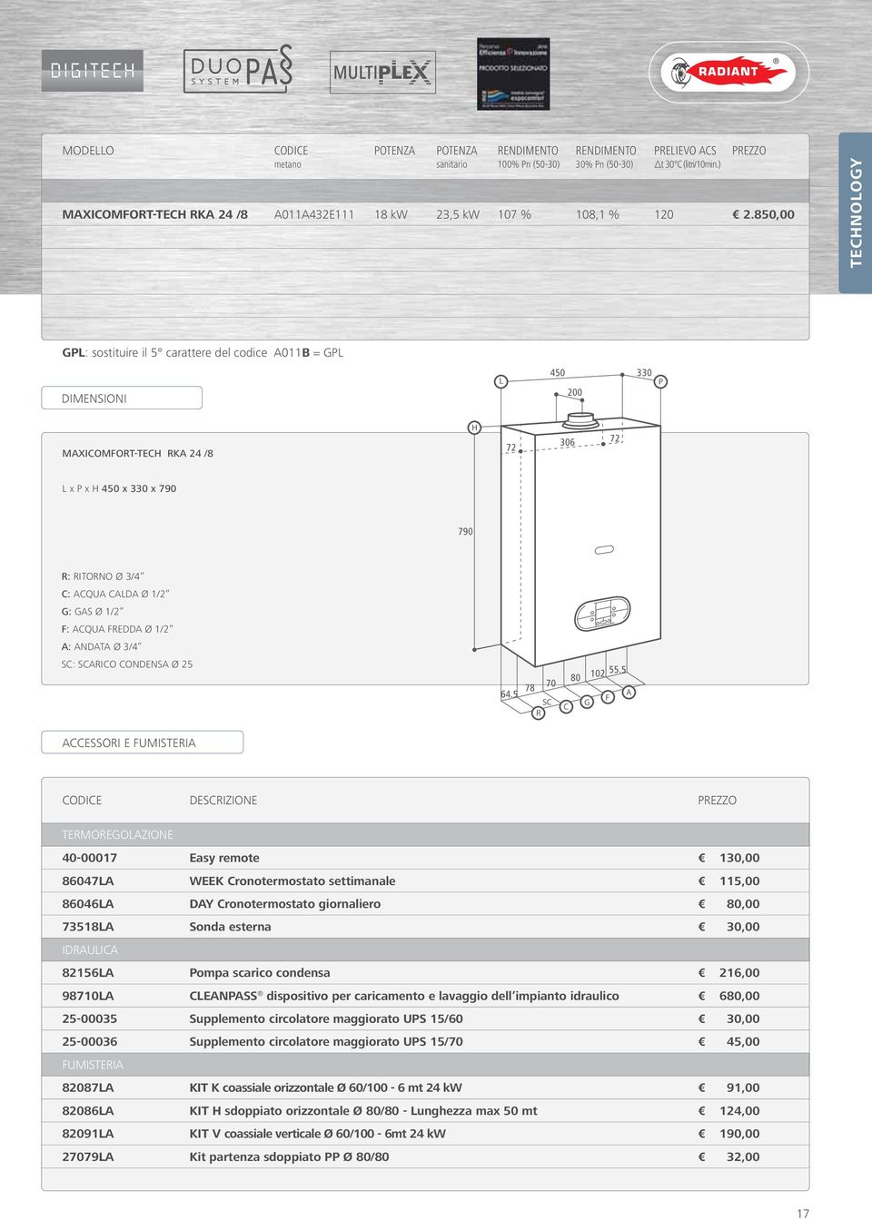 F: ACQUA FREDDA Ø /2 A: ANDATA Ø / SC: SCARICO CONDENSA Ø 2. 78 70 SC R 80 02.