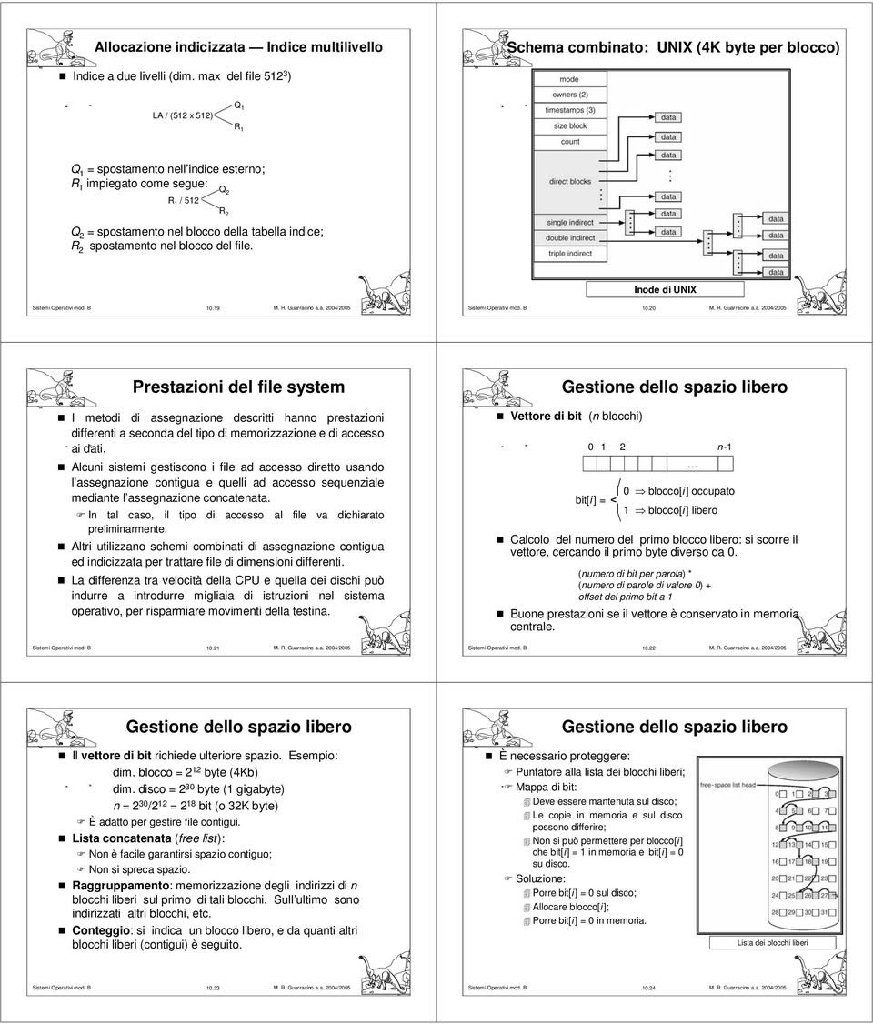 del file. Q 2 R 2 Inode di UNIX 10.19 10.20 Prestazioni del file system I metodi di assegnazione descritti hanno prestazioni differenti a seconda del tipo di memorizzazione e di accesso ai dati.