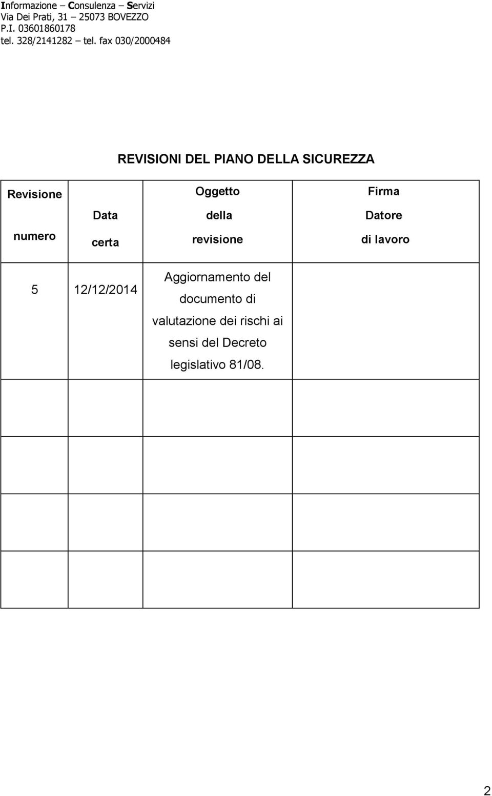 lavoro 5 12/12/2014 Aggiornamento del documento di