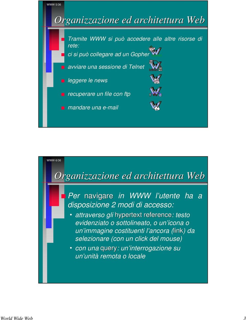 in WWW l utente ha a disposizione 2 modi di accesso: attraverso gli hypertext reference: testo evidenziato o sottolineato, o un icona o un