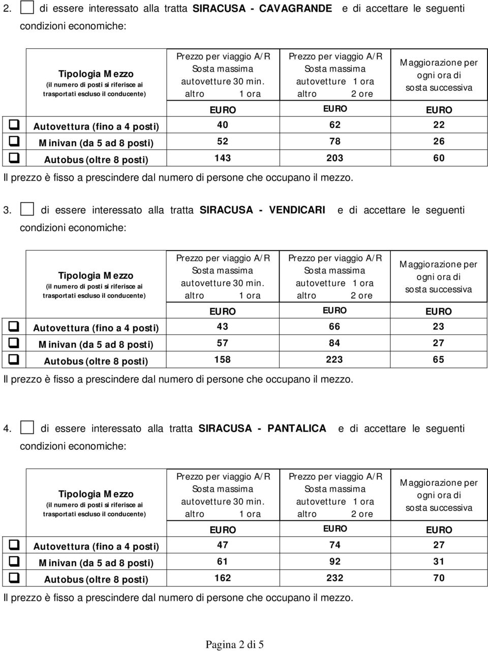 di essere interessato alla tratta SIRACUSA - VENDICARI e di accettare le seguenti Autovettura (fino a 4 posti) 43 66 23 Minivan (da 5 ad 8 posti) 57