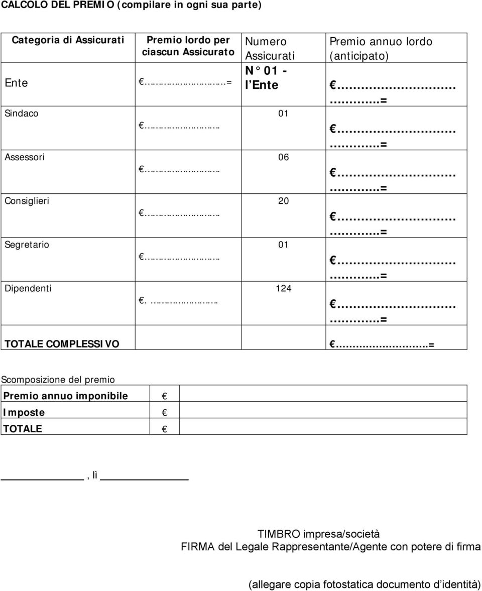 ..... Numero Assicurati N 01 - l Ente 01 06 20 01 124 Premio annuo lordo (anticipato)....=.