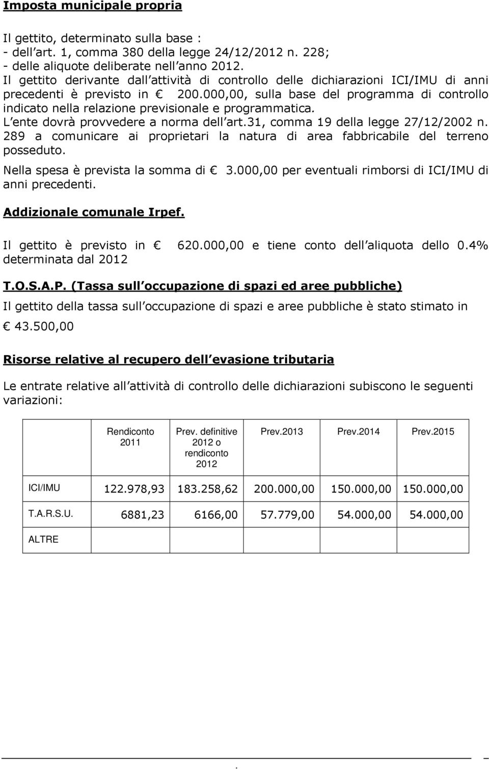 norma dell art31, comma 19 della legge 27/12/2002 n 289 a comunicare ai proprietari la natura di area fabbricabile del terreno posseduto Nella spesa è prevista la somma di 3000,00 per eventuali