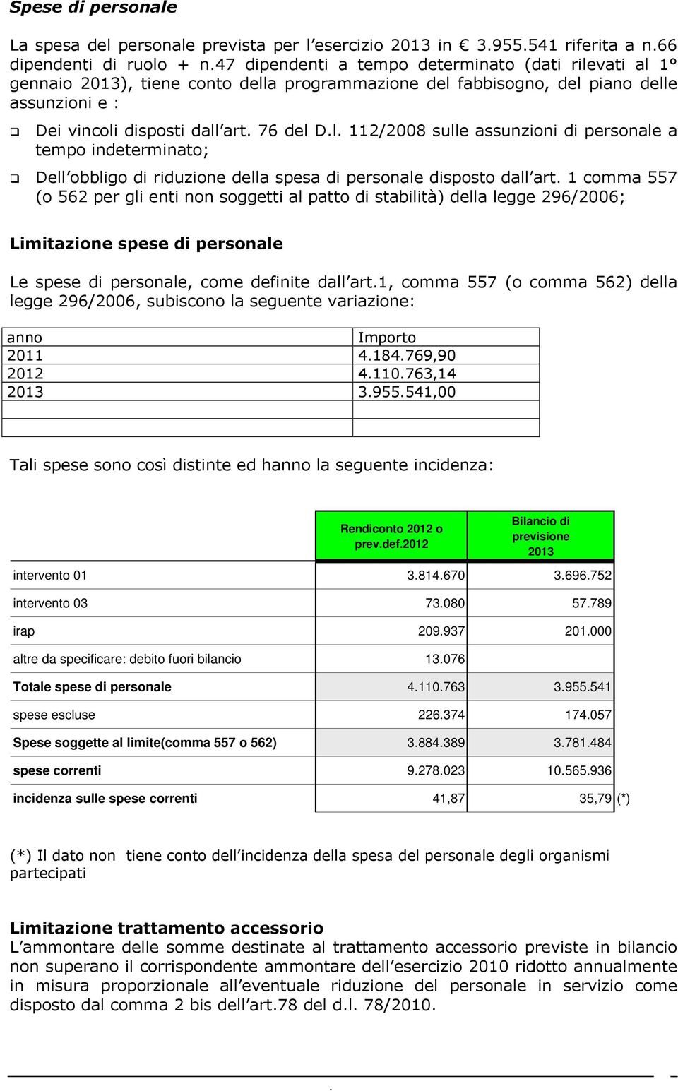 riduzione della spesa di personale disposto dall art 1 comma 557 (o 562 per gli enti non soggetti al patto di stabilità) della legge 296/2006; Limitazione spese di personale Le spese di personale,