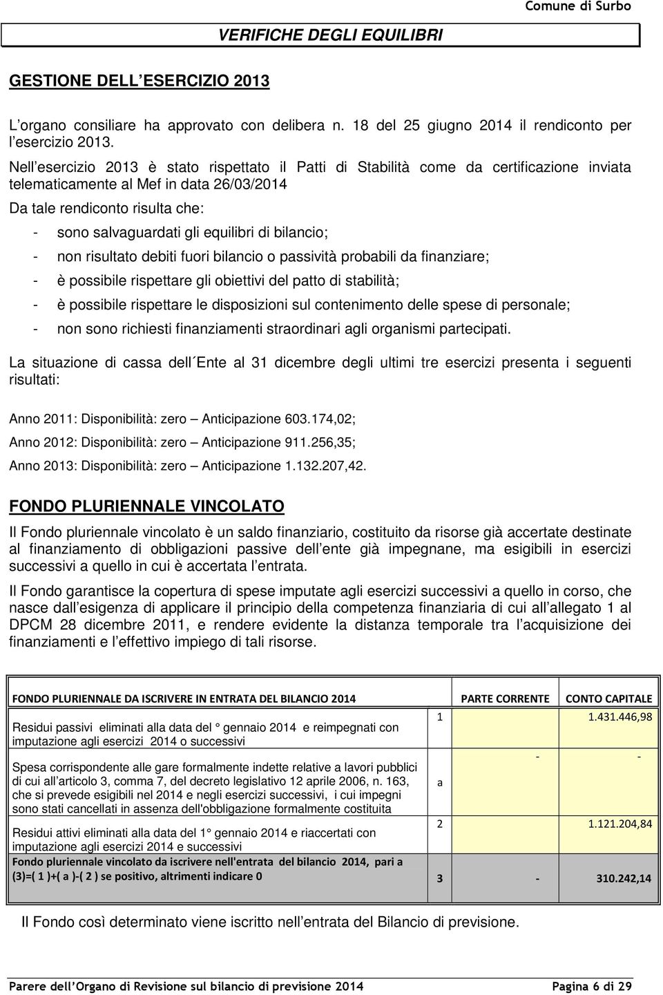 equilibri di bilancio; - non risultato debiti fuori bilancio o passività probabili da finanziare; - è possibile rispettare gli obiettivi del patto di stabilità; - è possibile rispettare le