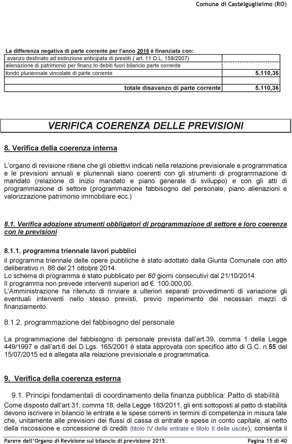 Verifica della coerenza interna L organo di revisione ritiene che gli obiettivi indicati nella relazione previsionale e programmatica e le previsioni annuali e pluriennali siano coerenti con gli