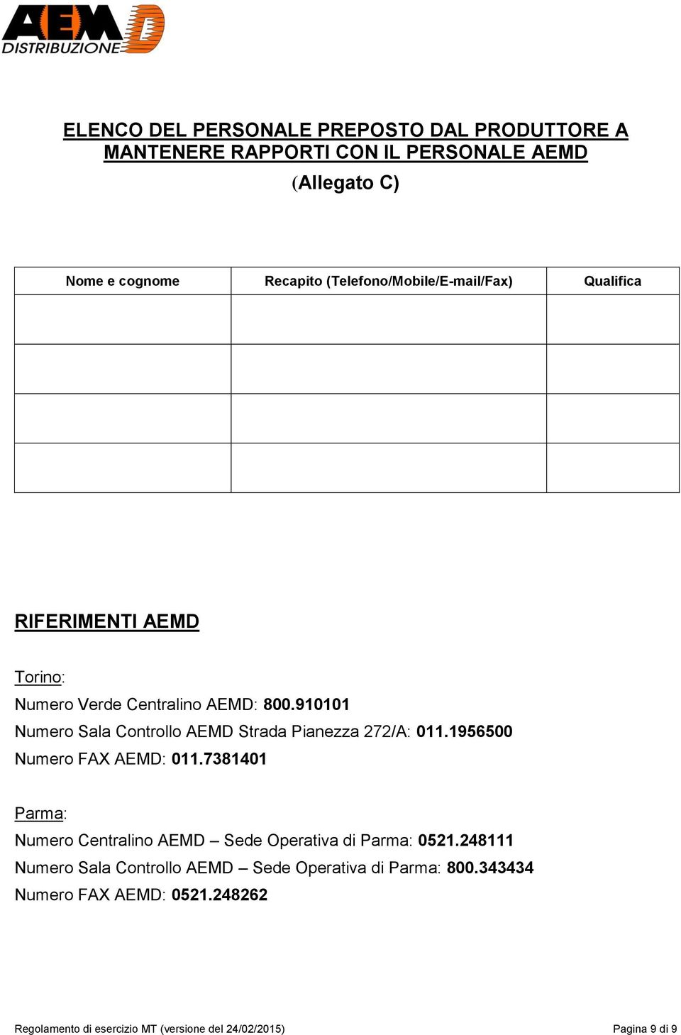 910101 Numero Sala Controllo AEMD Strada Pianezza 272/A: 011.1956500 Numero FAX AEMD: 011.