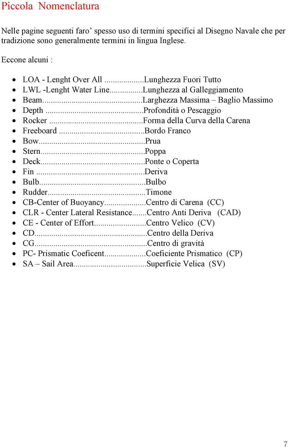 ..Forma della Curva della Carena Freeboard...Bordo Franco Bow...Prua Stern...Poppa Deck...Ponte o Coperta Fin...Deriva Bulb...Bulbo Rudder...Timone CB-Center of Buoyancy.