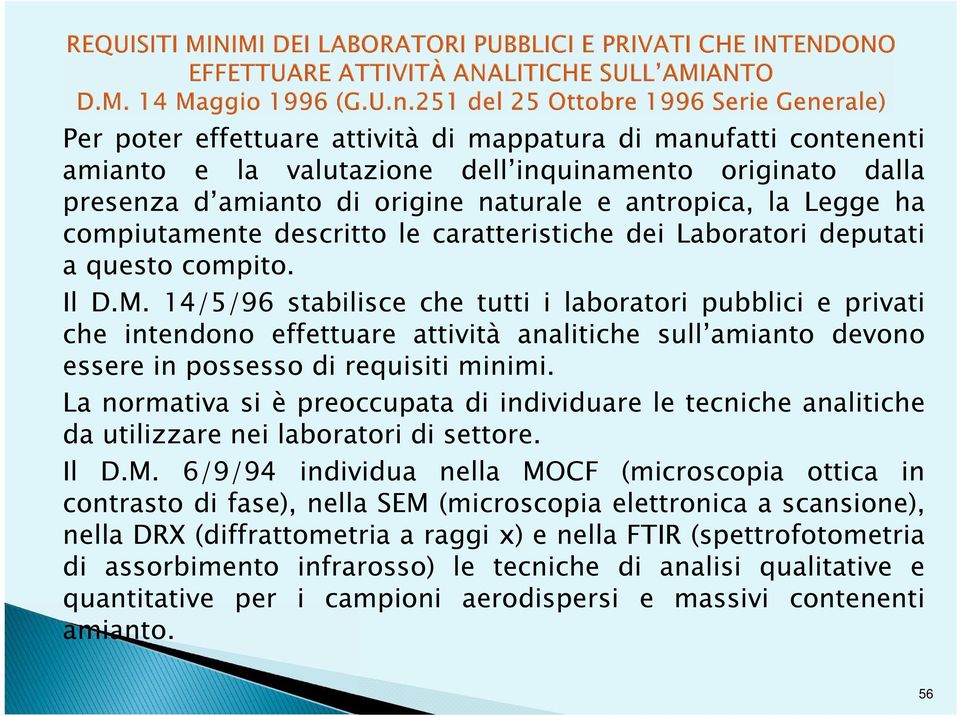 14/5/96 stabilisce che tutti i laboratori pubblici e privati che intendono effettuare attività analitiche sull amianto devono essere in possesso di requisiti minimi.