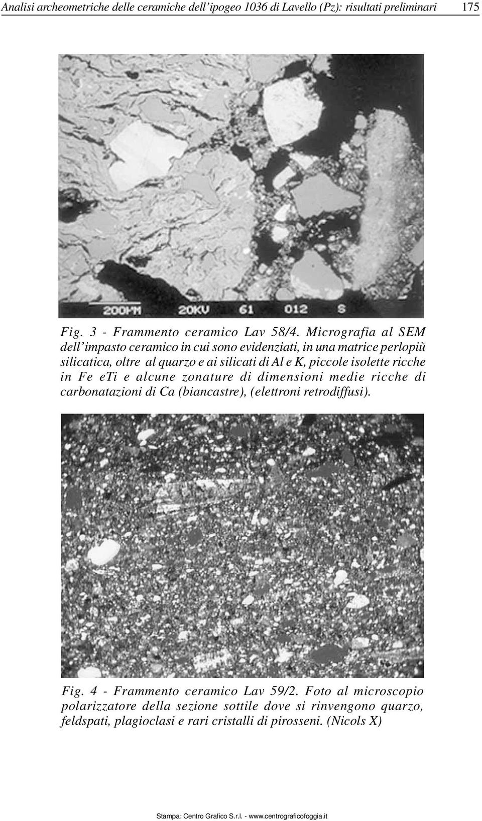 isolette ricche in Fe eti e alcune zonature di dimensioni medie ricche di carbonatazioni di Ca (biancastre), (elettroni retrodiffusi). Fig.