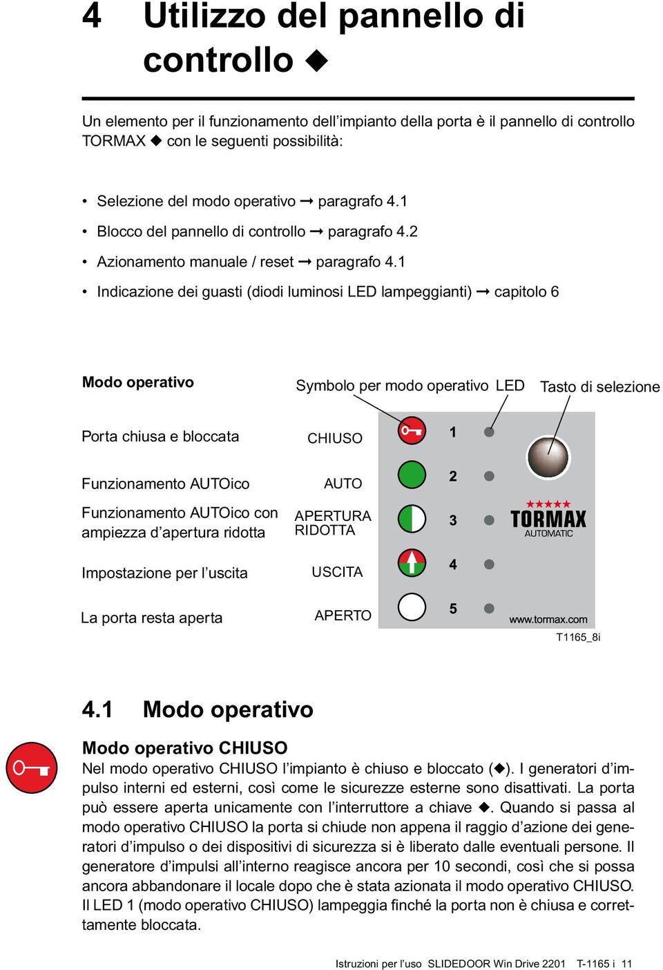 1 Indicazione dei guasti (diodi luminosi LED lampeggianti) capitolo 6 Modo operativo Symbolo per modo operativo LED Tasto di selezione Porta chiusa e bloccata CHIUSO Funzionamento AUTOico