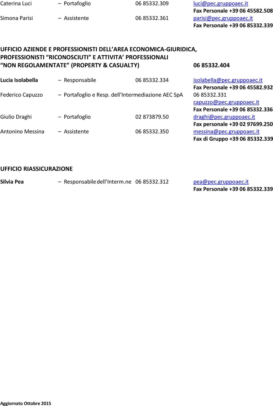 404 Lucia Isolabella Responsabile 06 85332.334 isolabella@pec.gruppoaec.it Fax Personale +39 06 45582.932 Federico Capuzzo Portafoglio e Resp. dell Intermediazione AEC SpA 06 85332.331 capuzzo@pec.
