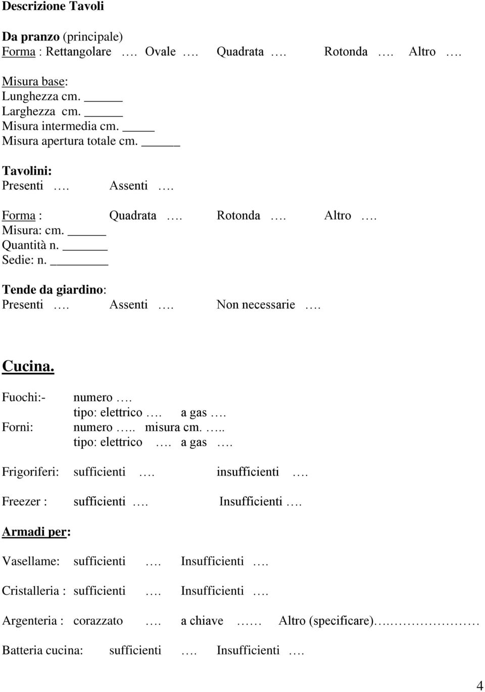 Tende da giardino: Presenti Assenti Non necessarie Cucina. Fuochi:- Forni: numero tipo: elettrico a gas numero. misura cm.