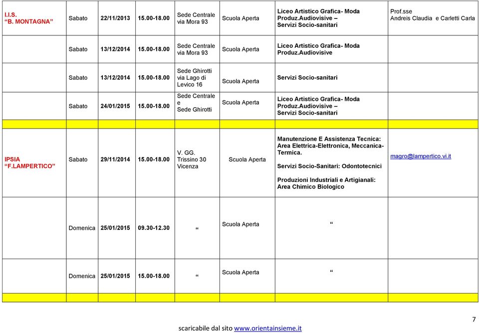 00-18.00 Sede Centrale e Sede Ghirotti Liceo Artistico Grafica- Moda Produz.Audiovisive Servizi Socio-sanitari IPSIA F.LAMPERTICO Sabato 29/11/2014 15.00-18.00 V. GG.