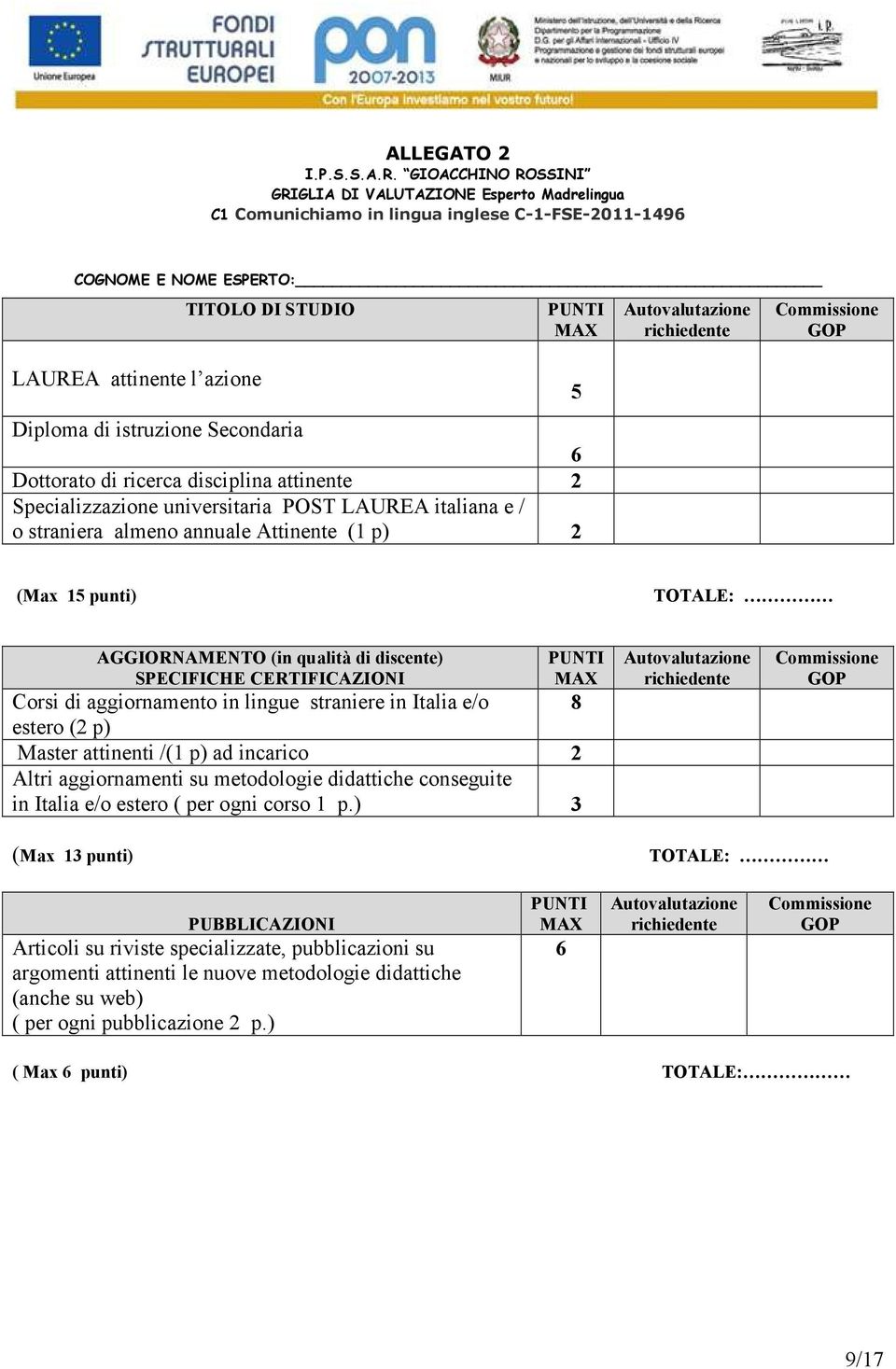 Dottorato di ricerca disciplina attinente 2 Specializzazione universitaria POST LAUREA italiana e / o straniera almeno annuale Attinente (1 p) 2 5 (Max 15 punti) TOTALE: AGGIORNAMENTO (in qualità di