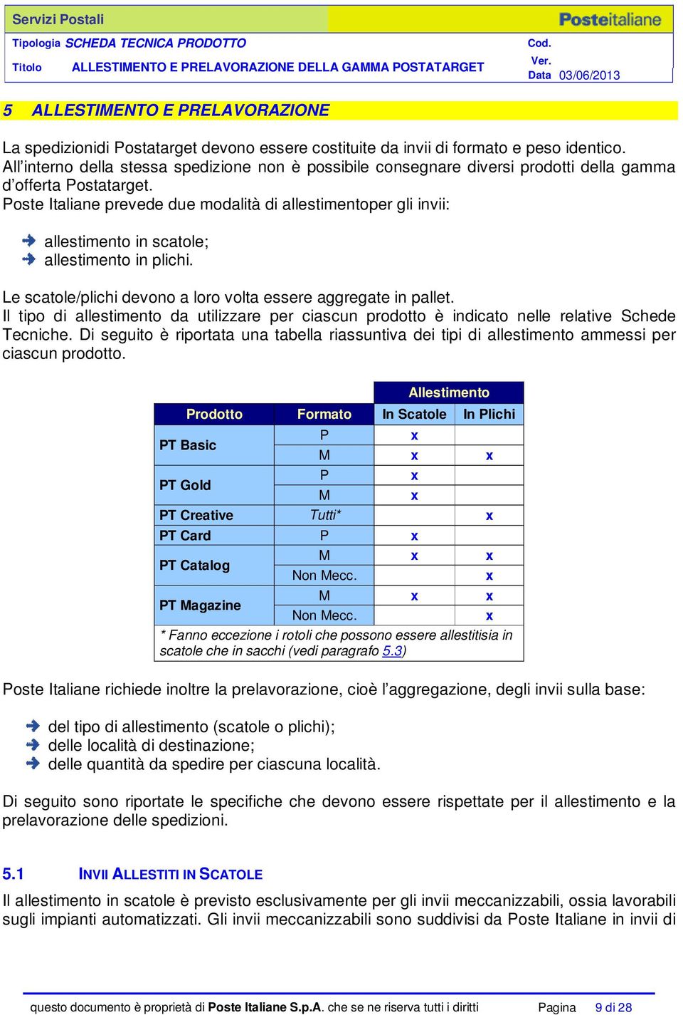 Poste Italiane prevede due modalità di allestimentoper gli invii: allestimento in scatole; allestimento in plichi. Le scatole/plichi devono a loro volta essere aggregate in pallet.