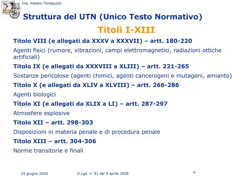 221-265 Sostanze pericolose (agenti chimici, agenti cancerogeni e mutageni, amianto) Titolo X (e allegati da XLIV a XLVIII) artt.