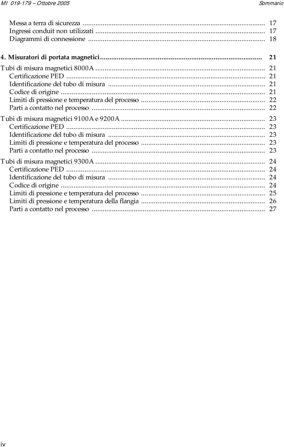 .. 22 Parti a contatto nel processo... 22 Tubi di misura magnetici 9100A e 9200A... 23 Certificazione PED... 23 Identificazione del tubo di misura... 23 Limiti di pressione e temperatura del processo.