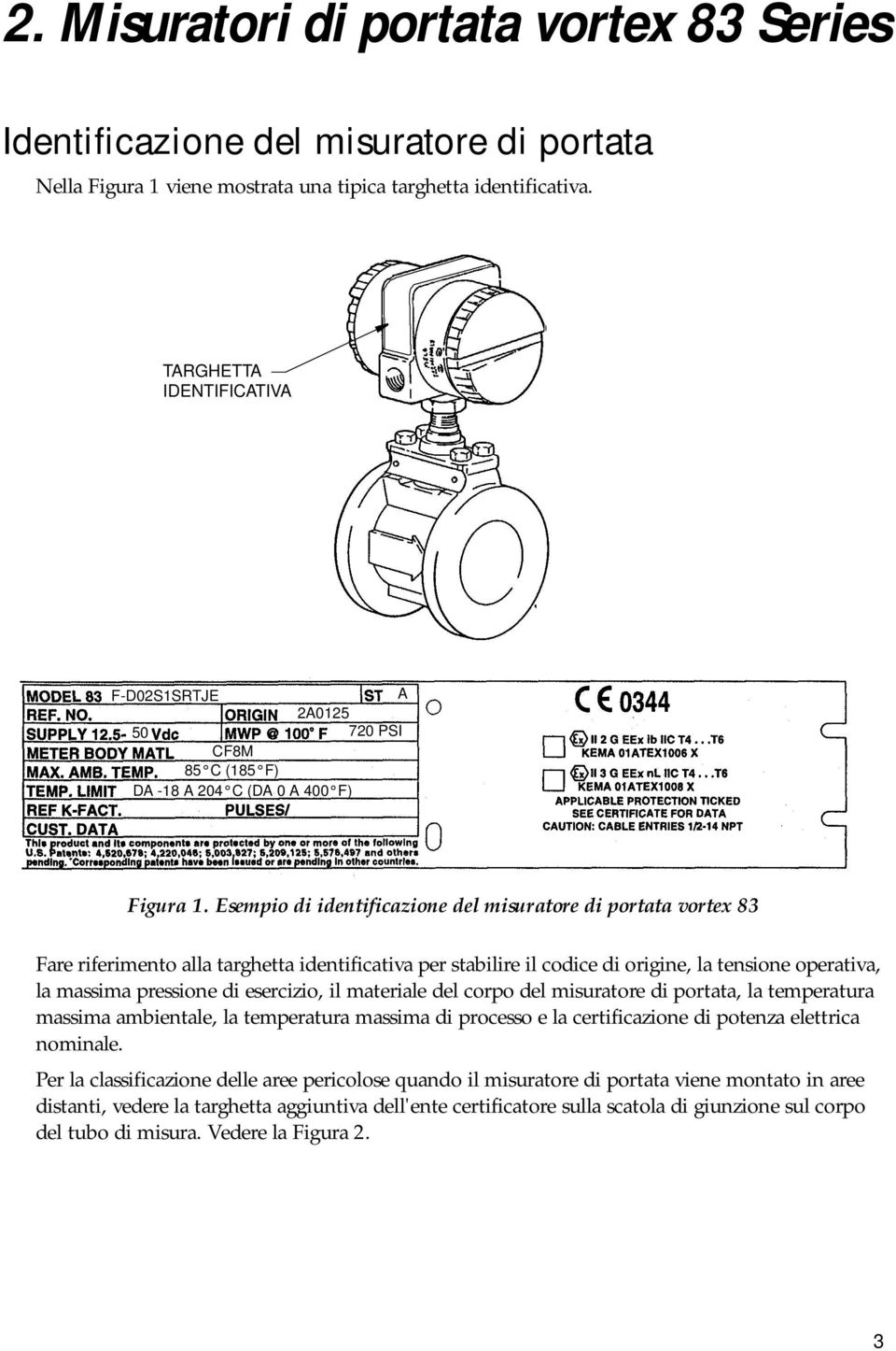 Esempio di identificazione del misuratore di portata vortex 83 Fare riferimento alla targhetta identificativa per stabilire il codice di origine, la tensione operativa, la massima pressione di