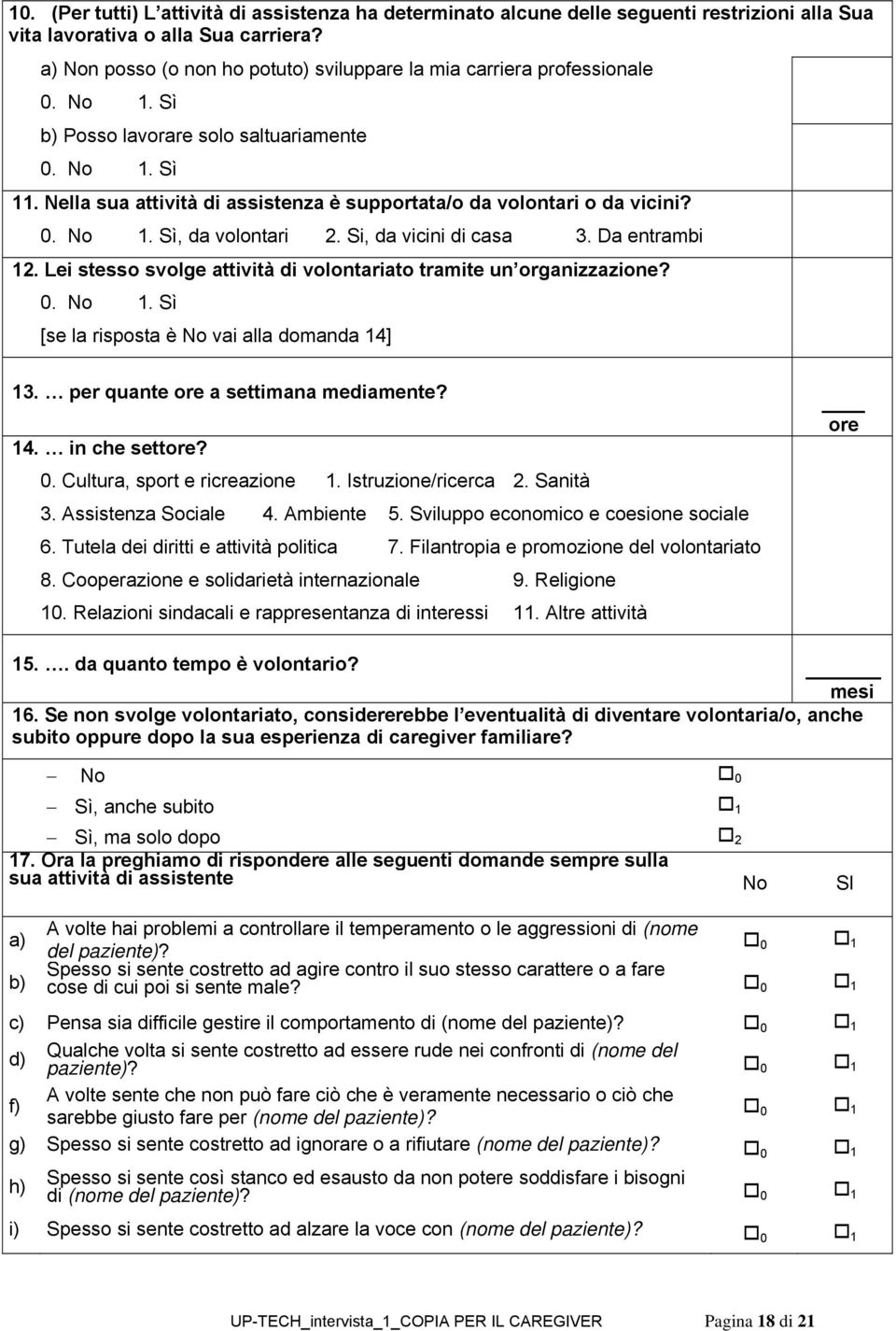 , da volontari 2. Si, da vicini di casa 3. Da entrambi 12. Lei stesso svolge attività di volontariato tramite un organizzazione? [se la risposta è No vai alla domanda 14] 13.