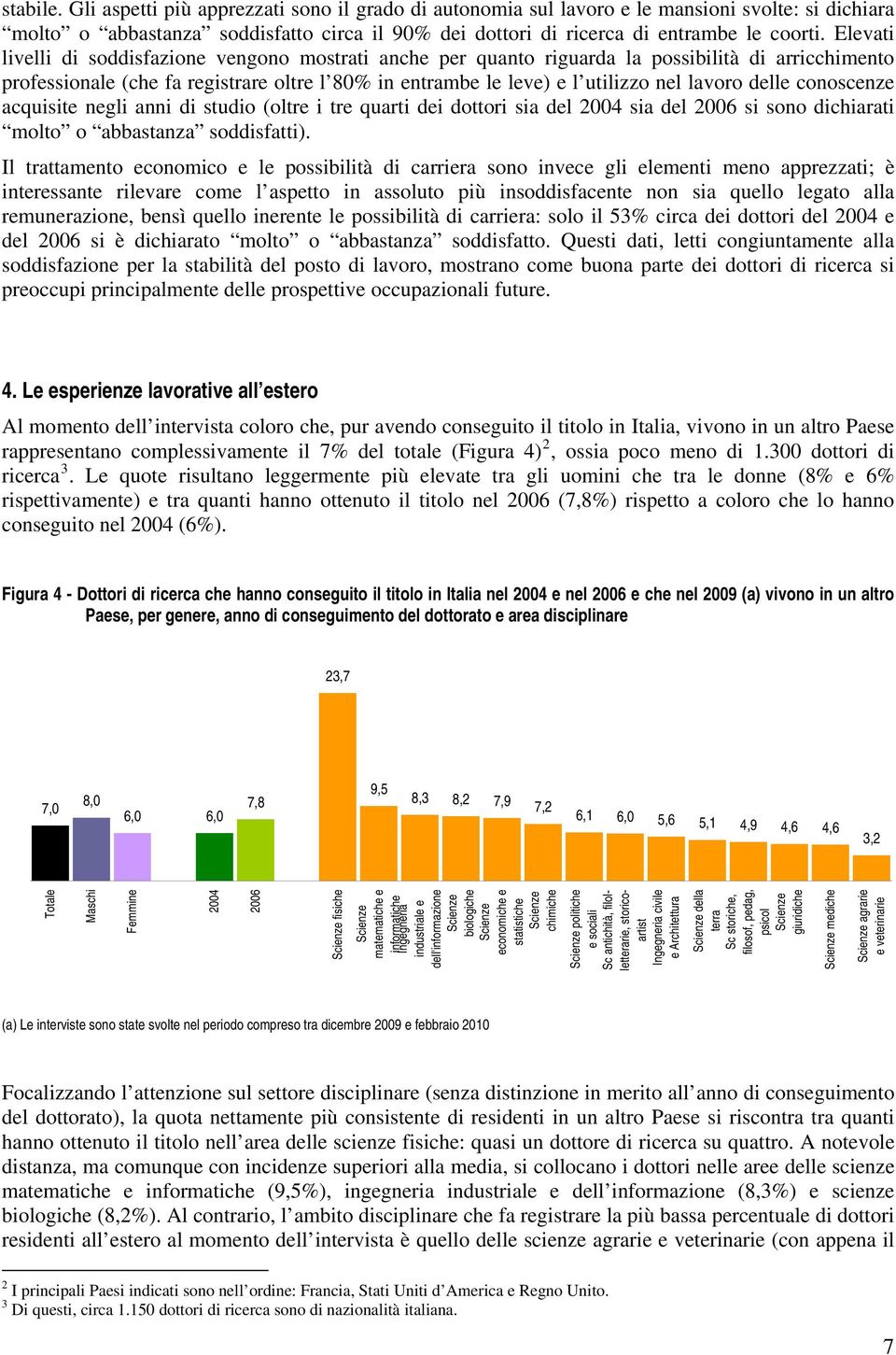 delle conoscenze acquisite negli anni di studio (oltre i tre quarti dei dottori sia del 2004 sia del 2006 si sono dichiarati molto o abbastanza soddisfatti).