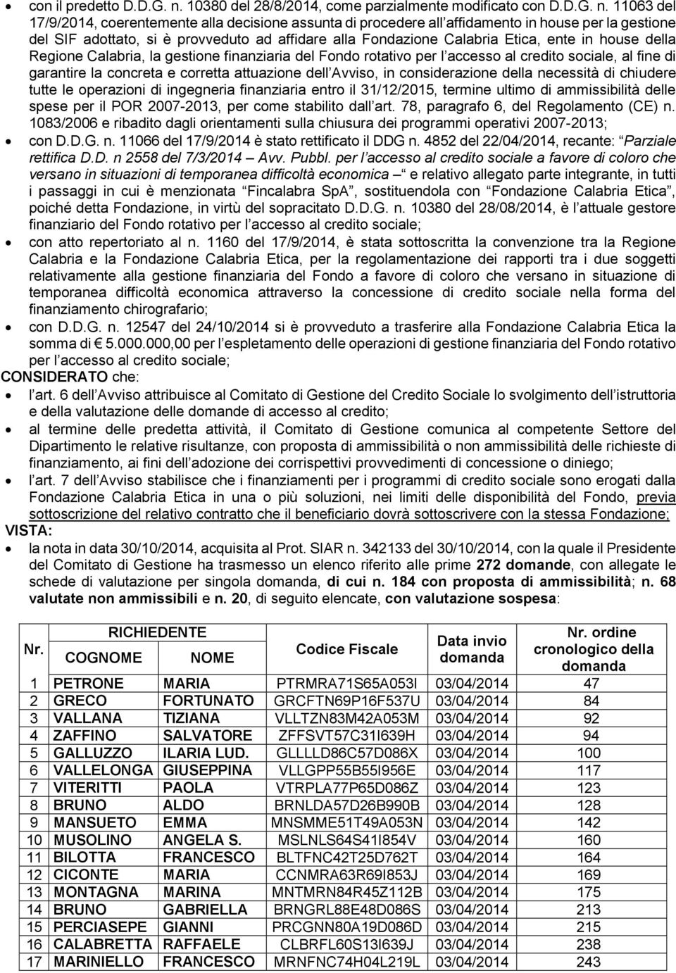 11063 del 17/9/2014, coerentemente alla decisione assunta di procedere all affidamento in house per la gestione del SIF adottato, si è provveduto ad affidare alla Fondazione Calabria Etica, ente in