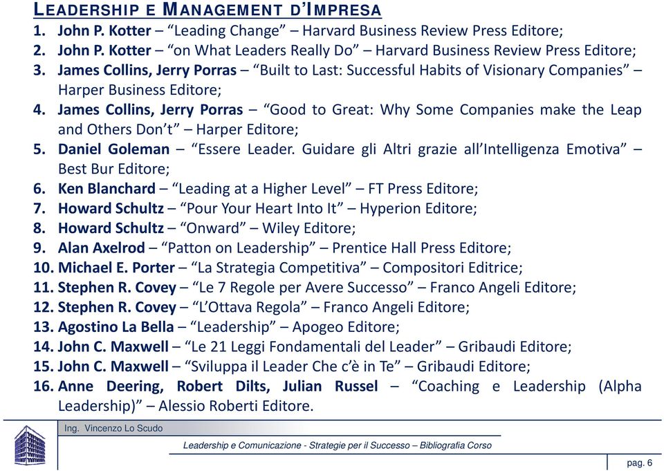 James Collins, Jerry Porras Good to Great: Why Some Companies make the Leap and Others Don t Harper Editore; 5. Daniel Goleman Essere Leader.