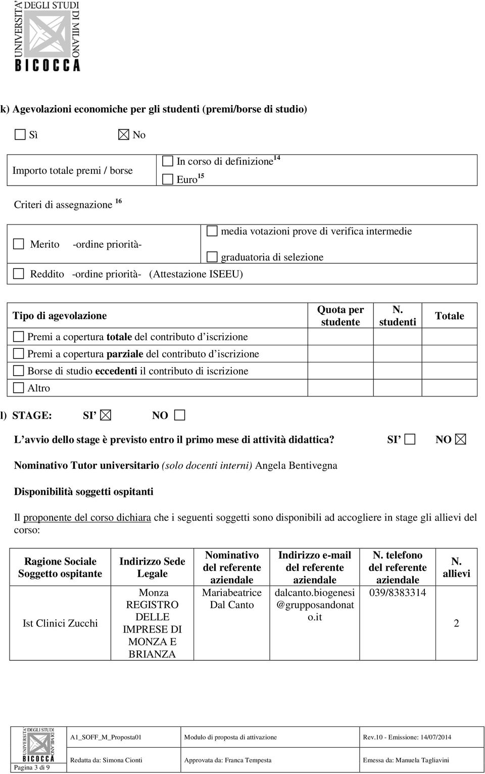 parziale del contributo d iscrizione Quota per studente N.