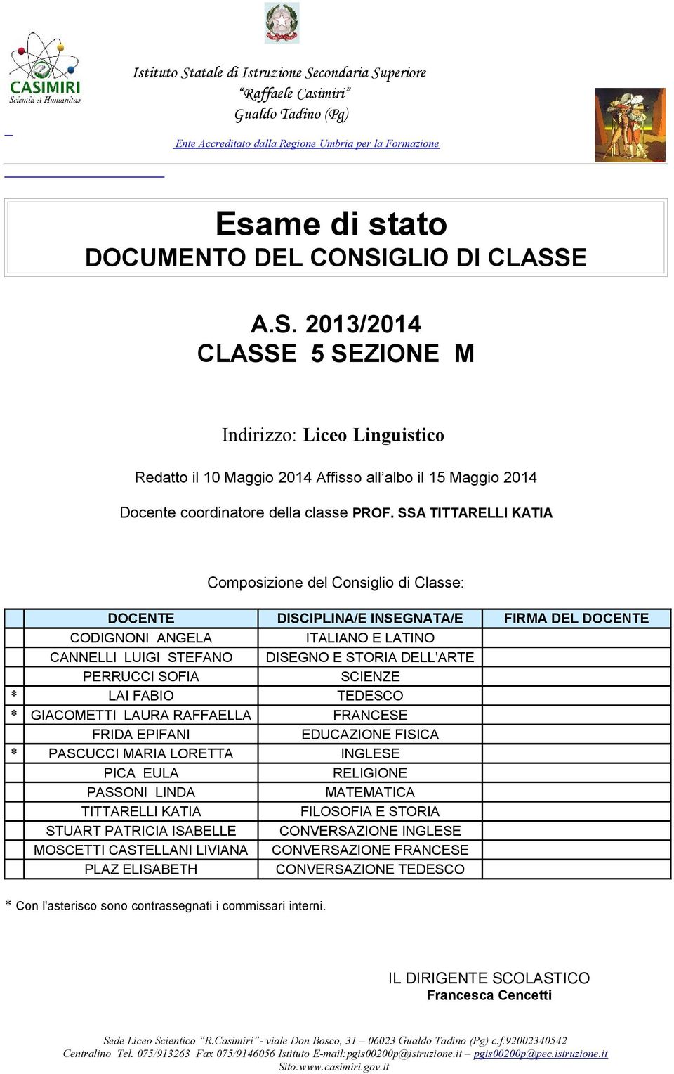 PERRUCCI SOFIA SCIENZE * LAI FABIO TEDESCO * GIACOMETTI LAURA RAFFAELLA FRANCESE FRIDA EPIFANI EDUCAZIONE FISICA * PASCUCCI MARIA LORETTA INGLESE PICA EULA RELIGIONE PASSONI LINDA MATEMATICA