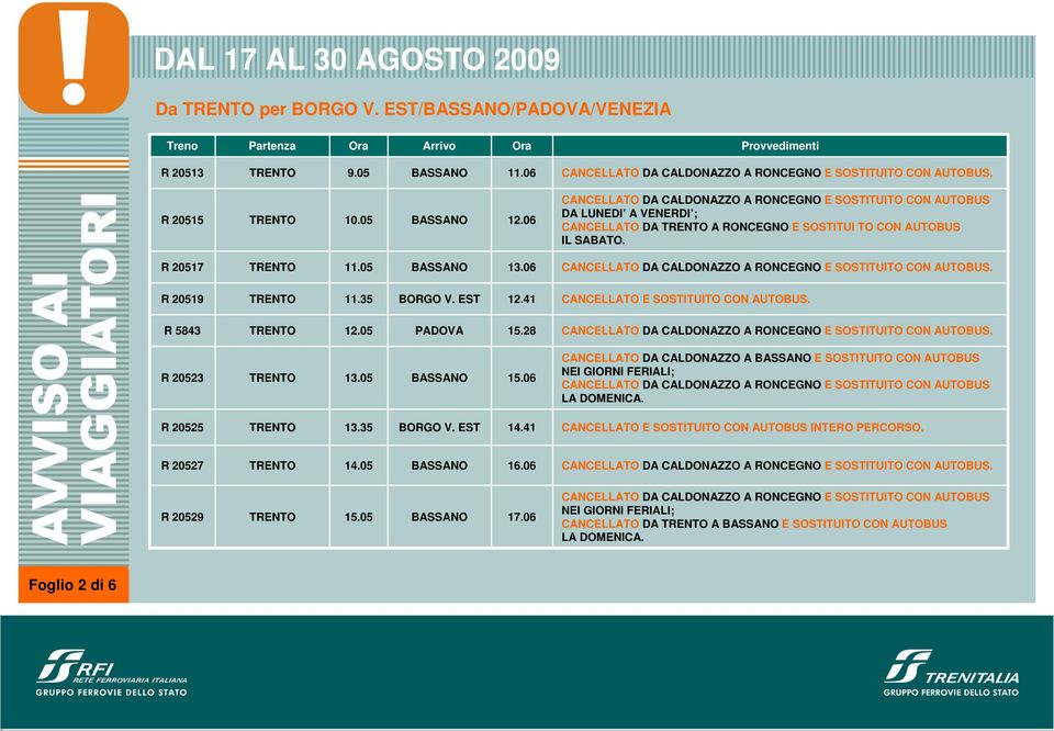 35 12.41 R 5843 12.05 15.28. R 20523 13.05 15.06 CANCELLATO DA CALDONAZZO A E SOSTITUITO CON AUTOBUS R 20525 13.