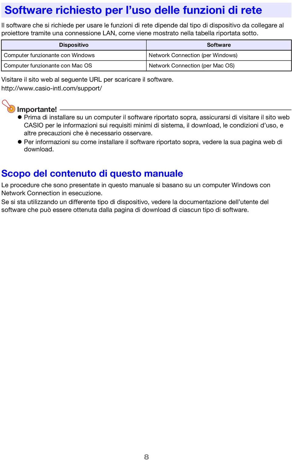 Dispositivo Computer funzionante con Windows Computer funzionante con Mac OS Software Network Connection (per Windows) Network Connection (per Mac OS) Visitare il sito web al seguente URL per