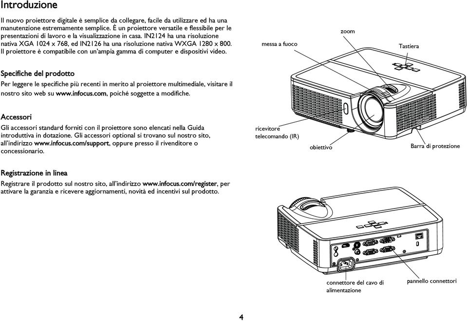 IN2124 ha una risoluzione nativa XGA 1024 x 768, ed IN2126 ha una risoluzione nativa WXGA 1280 x 800. Il proiettore è compatibile con un ampia gamma di computer e dispositivi video.