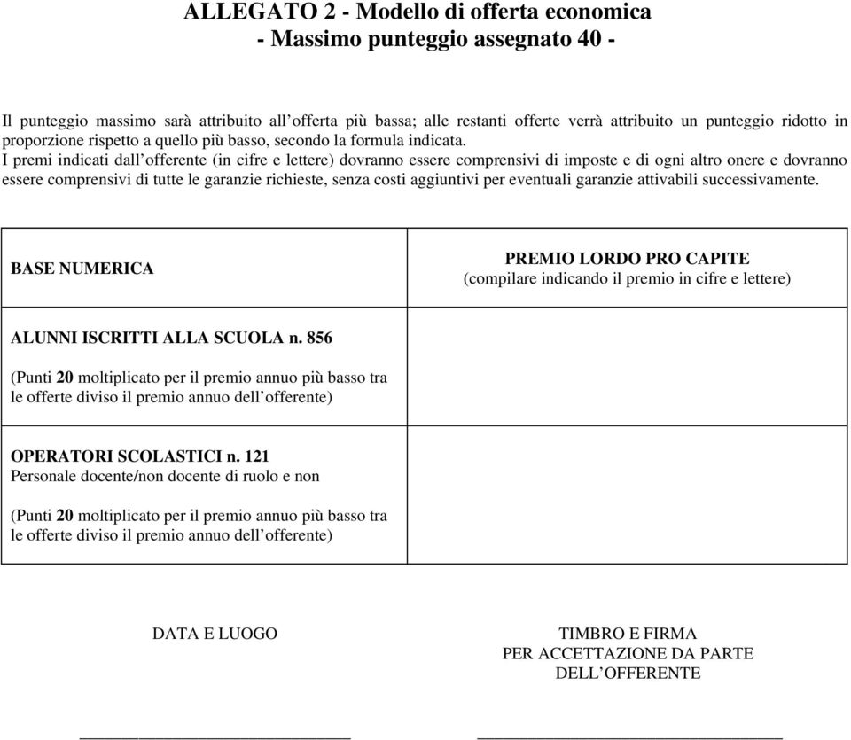 I premi indicati dall offerente (in cifre e lettere) dovranno essere comprensivi di imposte e di ogni altro onere e dovranno essere comprensivi di tutte le garanzie richieste, senza costi aggiuntivi