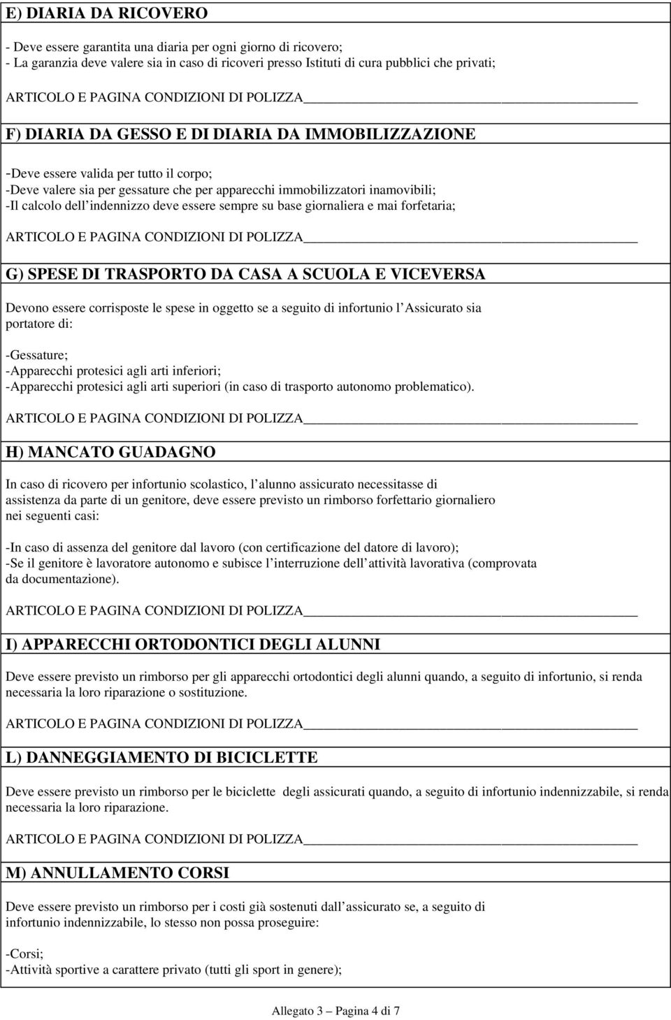 sempre su base giornaliera e mai forfetaria; G) SPESE DI TRASPORTO DA CASA A SCUOLA E VICEVERSA Devono essere corrisposte le spese in oggetto se a seguito di infortunio l Assicurato sia portatore di: