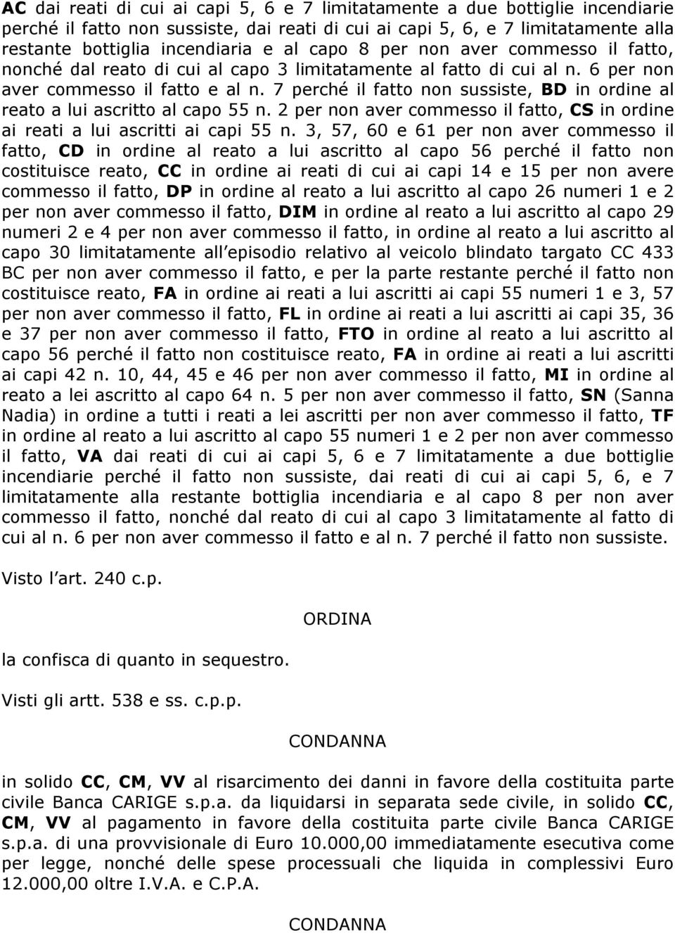 7 perché il fatto non sussiste, BD in ordine al reato a lui ascritto al capo 55 n. 2 per non aver commesso il fatto, CS in ordine ai reati a lui ascritti ai capi 55 n.