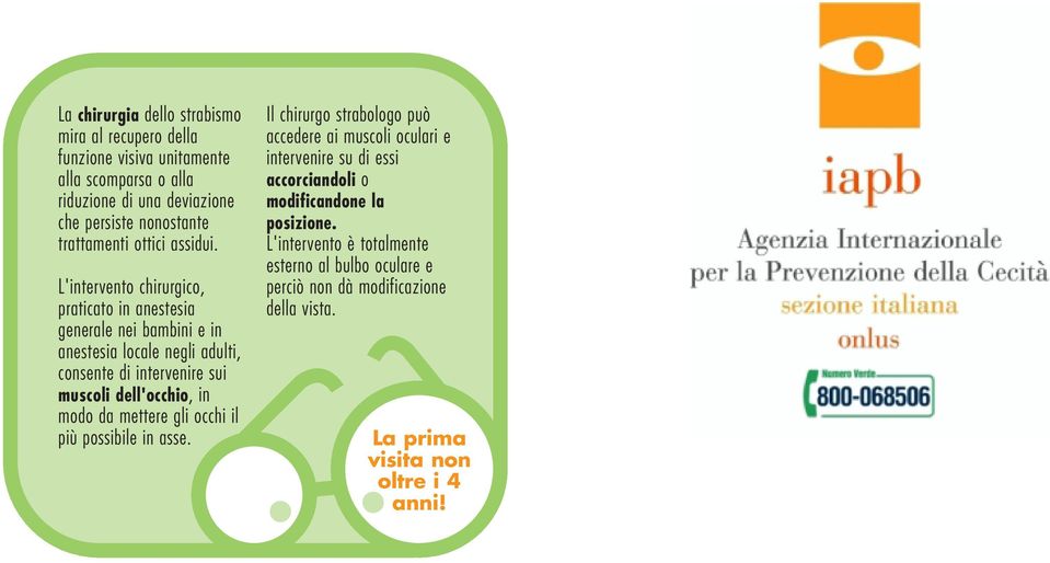 L'intervento chirurgico, praticato in anestesia generale nei bambini e in anestesia locale negli adulti, consente di intervenire sui muscoli dell'occhio, in