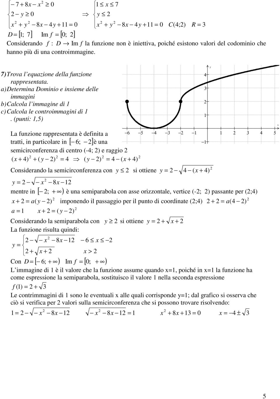 (puni:,) La funzione rappresenaa è definia a rai, in paricolare in [ ; ] è una semicirconferenza di cenro (-; ) e raggio ( + ) + ( ) ( ) ( + ) Considerando la semicirconferenza con si oiene ( + 8 ; +