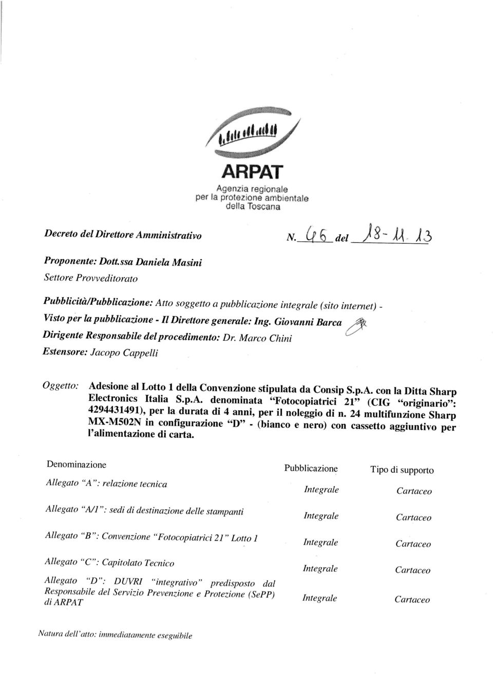 Govann Barca Drgente Responsable del procedmento: Dr. Marco Chn Estensore: Jacopo Cappell Oggetto. Adesone al Lotto 1 della Convenzone stpulata da Consp S.p.A. con la Dtta Sharp Electroncs Itala S.p.A. denomnata Fotocopatrc 21 (CIG orgnaro : 4294431491), per la durata d 4 ann, per l noleggo d n.