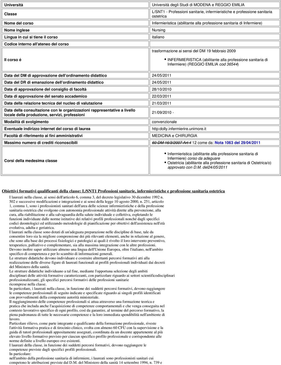 INFERMIERISTICA (abilitante alla professione sanitaria di Infermiere) (REGGIO EMILIA cod 36544) Data del DM di approvazione dell'ordinamento didattico 24/05/2011 Data del DR di emanazione