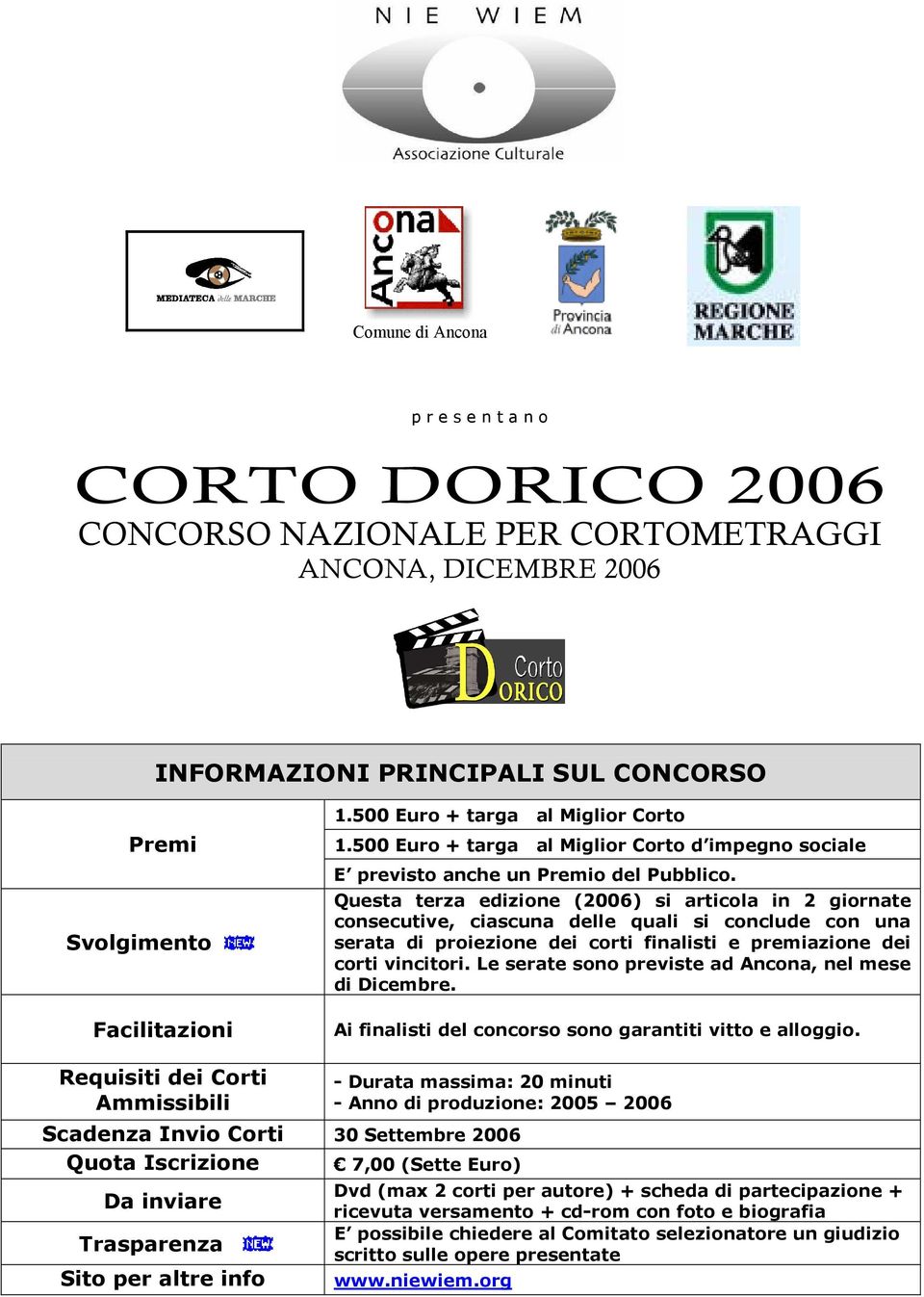 Questa terza edizione (2006) si articola in 2 giornate consecutive, ciascuna delle quali si conclude con una serata di proiezione dei corti finalisti e premiazione dei corti vincitori.