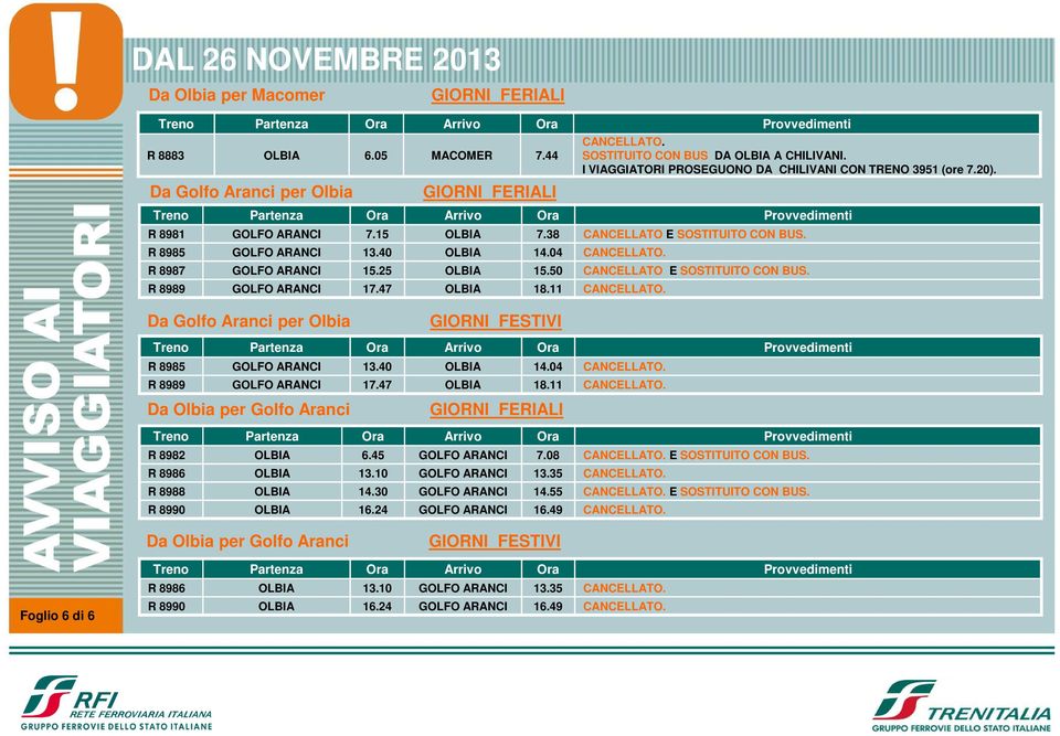 I VIAGGIATORI PROSEGUONO DA CHILIVANI CON TRENO 3951 (ore 7.20). 15.50 CANCELLATO E SOSTITUITO CON BUS. 18.11 CANCELLATO. R 8985 GOLFO ARANCI 13.40 OLBIA 14.04 CANCELLATO. R 8989 GOLFO ARANCI 17.