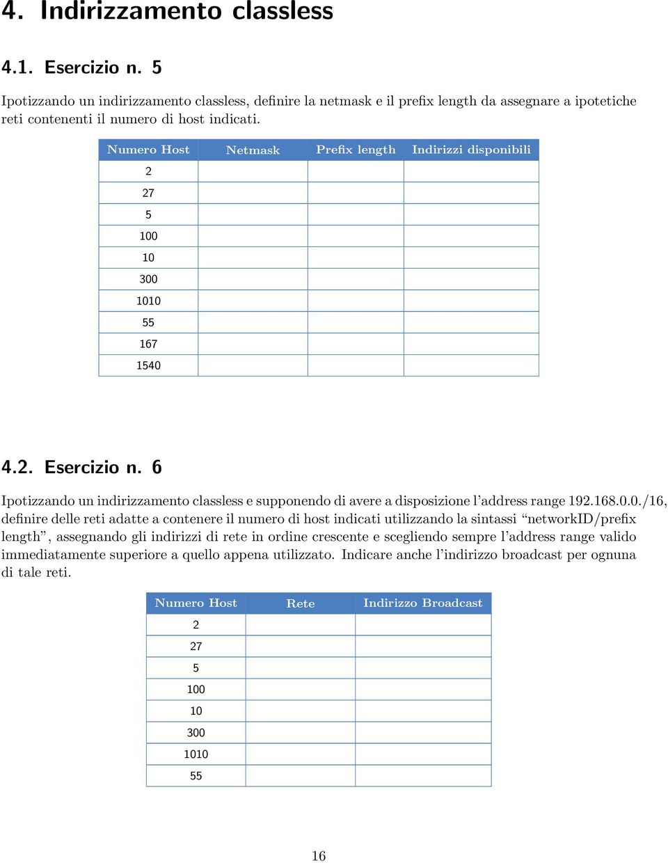 6 Ipotizzando un indirizzamento classless e supponendo di avere a disposizione l address range 19268.0.