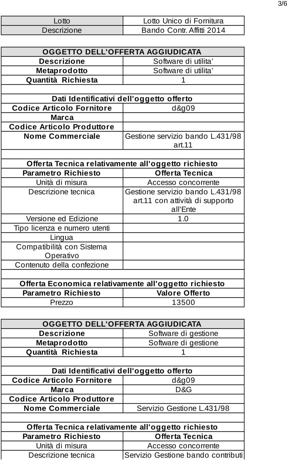 Fornitore d&g09 Marca Codice Articolo Produttore Nome Commerciale Gestione servizio bando L.431/98 art.