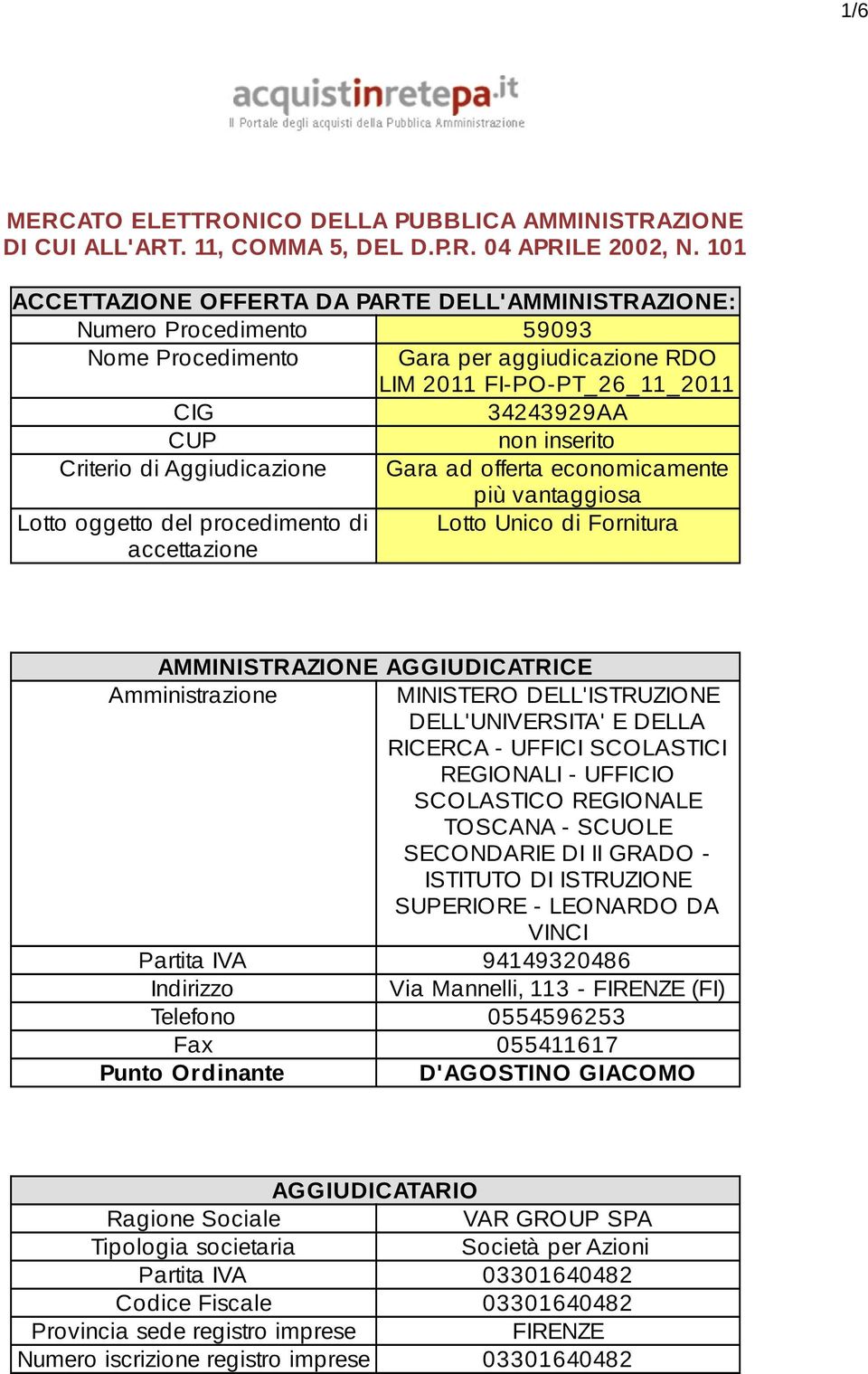 di Aggiudicazione Gara ad offerta economicamente più vantaggiosa Lotto oggetto del procedimento di Lotto Unico di Fornitura accettazione AMMINISTRAZIONE AGGIUDICATRICE Amministrazione MINISTERO